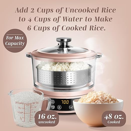 COOK WITH COLOR 3L Glass Mini Low Carb Rice Cooker – Holds 2 Cups Raw/Makes 6 Cups Cooked with Auto Lift Filter Basket, Hotpot & Steamer for Rice, Grains, Digital Panel with Keep Warm, Dusty Rose