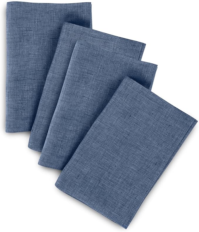 Solino Home Linen Cloth Napkins Set of 4-100% Pure Linen Blue Denim Dinner Napkins 20 x 20 Inch for Winter - Athena, Handcrafted and Machine Washable