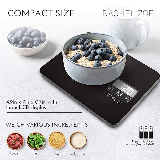 Rachel Zoe Digital Kitchen Food Scale with Non-Slip Base for Home and Kitchen, Measures in Pounds, Grams, Milliliters & Kilograms, Battery Operated Aluminum Electric Scale for Meals, Baking & Diets