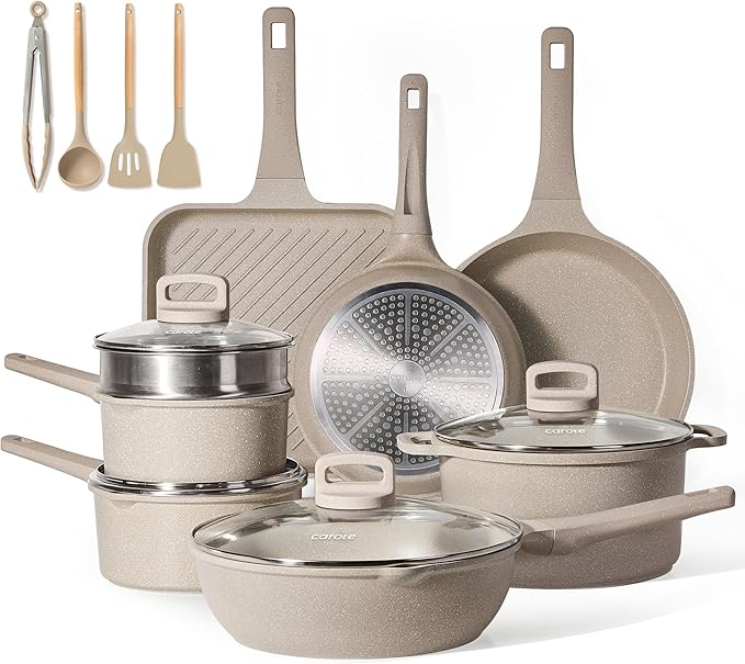 CAROTE Pots and Pans Set Non Stick, 16Pcs Kitchen Cookware Set, Stackable Induction Cookware, Pot and Pan set, Pans for Cooking, Taupe Granite，Pots and Pans Set Non Stick,
