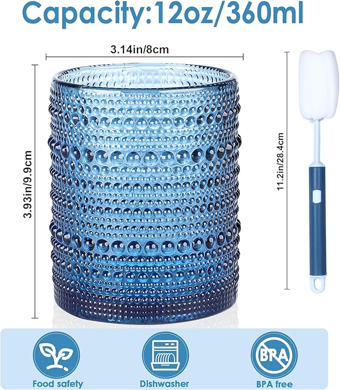 KMIGRUAN Hobnail Drinking Glasses Set of 6,12oz Blue Vintage Glassware,Cocktail Glasses,Embossed Glass Cups,Water Tumbler for Whiskey, Juice and Various Mixed Drinks