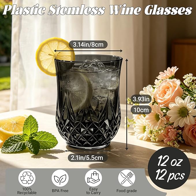 12 Pack Plastic Stemless Wine Glasses,12oz Unbreakable Vintage Elegant Drinking Glass Set,Reusable Fancy Cocktail Cups for Party, Wedding, and Bulk Events (12, 12oz-Black)