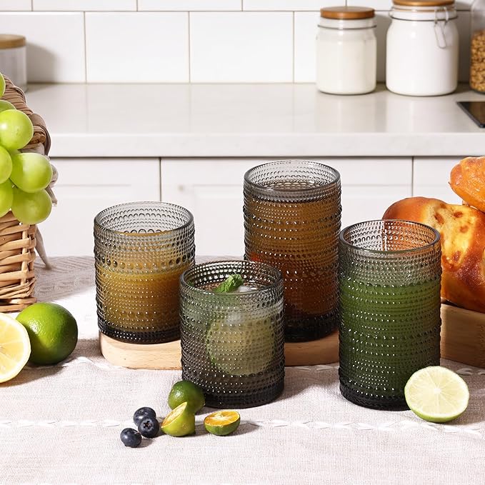 Moretoes Hobnail Drinking Glasses, 12 Piece Gray Water Glass Cups, Mixed Vintage Glassware Set, 6pcs 12oz Highballs and 6pcs 10oz old Fashioned Glasses, Great for Cocktail, Whisky and other Beverages