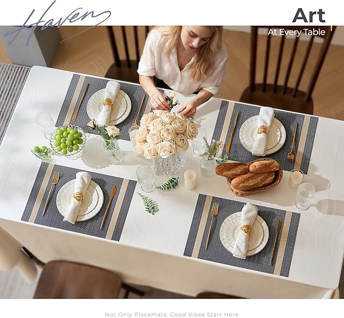 Leetaltree Luxury Dark Blue Placemats with Gold Stripes Placemats Set of 4 - Waterproof Washable for Wedding, Anniversary, Daily Use - Sparkling Table Decor - Hand-Cut