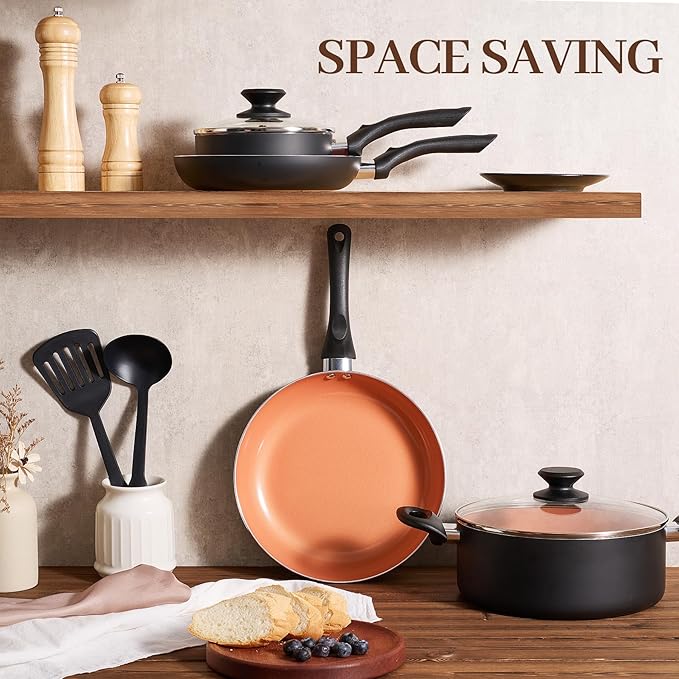 BECIGAR 8pcs Gold Ceramic Pots and Pans Set, Cooking Pan Set,Cooking Pot Set Ceramic Pan Set, Nonstick Cookware Set, Induction Safe Kitchen Cooking Set with Frying Pans, Saucepans, shovel and Ladle