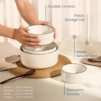 KooK Serving Bowls, with Lids, Ceramic Nesting Bowls, Set of 4, Embossed, Kitchen, Prep, Stackable, Gift, Microwave and Dishwasher Safe, 16/29/47/70 oz, Narbonne Collection (Ivory)