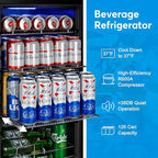 Beverage Refrigerator 17 inch Wide - 126 Can Beverage Cooler with Glass Door | Counter-Top/Freestanding Mini Beverage Beer Fridge | Temperature Memory | Invisible Door | Perfect for Soda,Beer