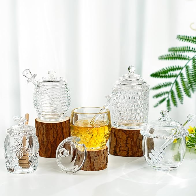 kanpura Honey Pot with Dipper and Lid Glass Honey Jar with Dipper Wide Mouth Honey Containers Airtight Syrup Honey Dispenser for Christmas Home Kitchen(7.5 OZ)