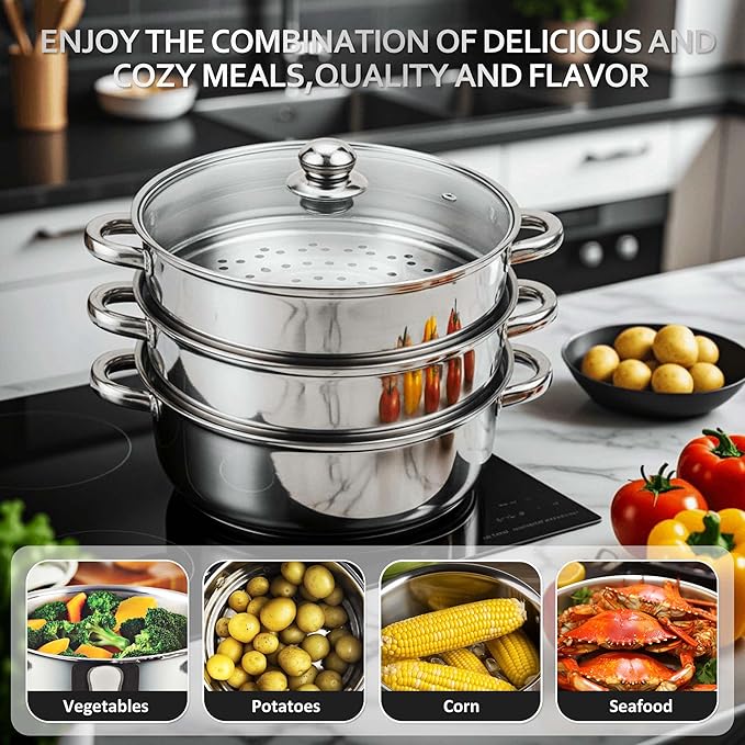 AuFranc® 5 Quart Steamer for Cooking - Stainless Steel Steam Pot with Steamer Basket, Multipurpose Cooking Stock Pot with Tempered Glass Lid, Non-Toxic Cookware for Slow Cooking and Steaming (Silver)