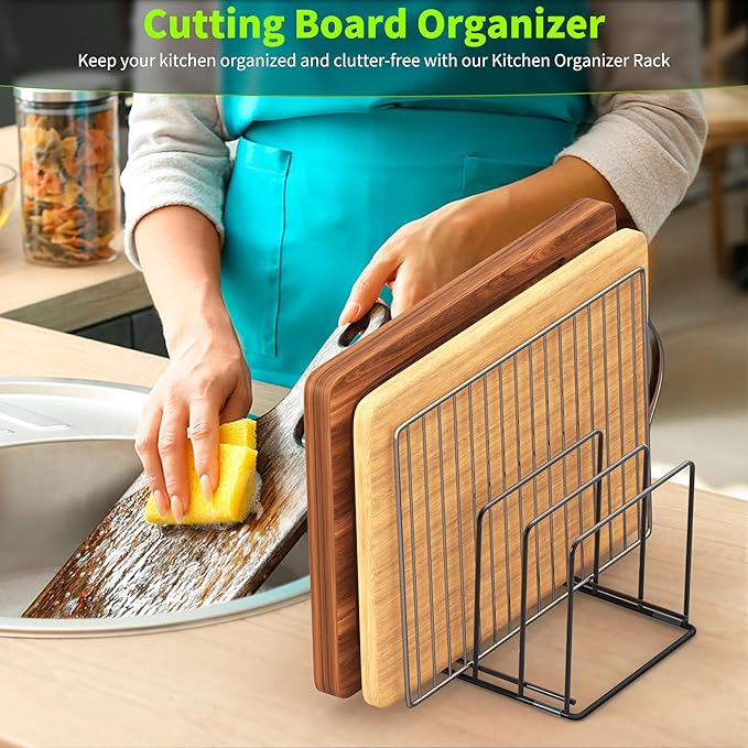 Kitchen Organizer Rack - 4-Slot Heavy-Duty Holder for Cutting Boards,Cookware – Rust-Resistant, Space-Saving Design with Non-Slip Feet for Countertop and Cabinet Storage (1 Pack)