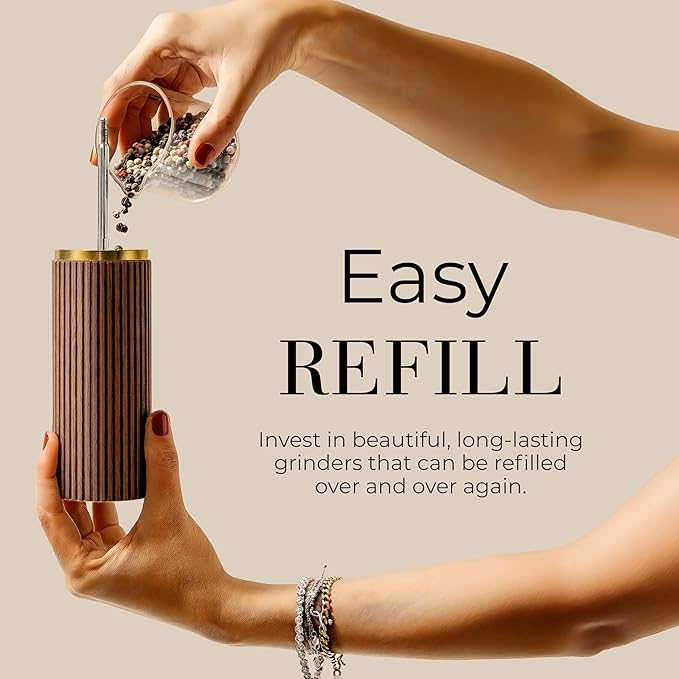 Wooden Salt and Pepper Grinder Set – Refillable Manual Salt and Pepper Mills with Adjustable Ceramic Burrs, Gold Detailing, and Wood Stand – White, Black and Acacia