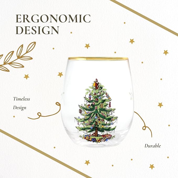 Spode Christmas Tree 19oz Stemless Wine Glasses, Set of 4 - Vintage-Inspired Holiday Drinkware with Cozy Seasonal Charm, Ideal for Mulled Wine at Festive Gatherings & Holiday Entertaining
