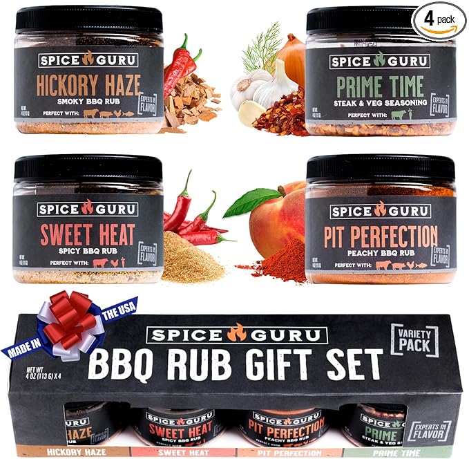 Spice Guru BBQ Rub Gift Set – 4 Flavor Barbecue Seasoning Sampler – Mens Christmas Gifts for Dad, Husband or Brother – Premium Grilling Spices & Holiday Gift Set for Grill Lovers - Grill Accessories
