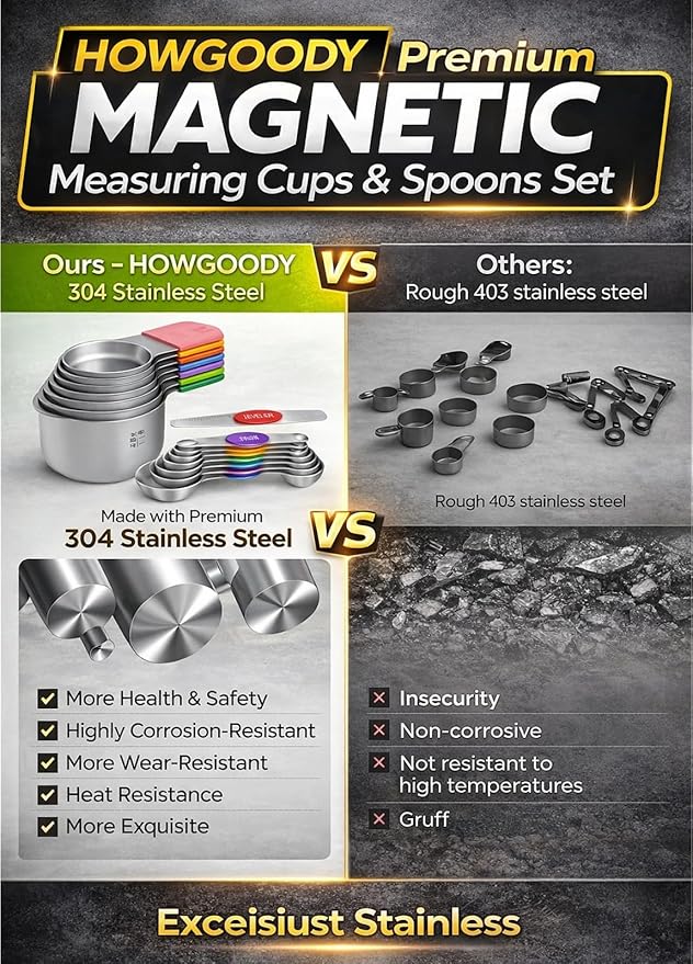 Magnetic Measuring Cups and Spoons Set304 Stainless Steel Dual Scale Set of 15, Strong N52 Magnetic Nesting Design with Leveler, for Dry&Liquid Ingredients, Dishwasher Safe(Colorful)