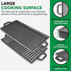ProSource 2-in-1 Reversible 19.5” x 9” Cast Iron Griddle with Handles, Preseasoned & Non-Stick for Gas Stovetop, Oven and Open Fire.