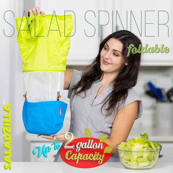 Saladzilla by Kahuna Gear: Large Salad Spinner, 2 Gallon Capacity (8 Qt.), Collapsible & Portable [Vegetable/Sprouts/Microgreen/Herb Dryer] Durable BPA-Free Fabric