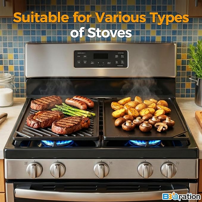 Reversible Cast Iron Griddle, 16.75" x 9.5" Stove Top Griddle Reversible Griddle Plate, Rectangular Flat and Ribbed Stovetop Griddle, Double Burner Flat Top Griddle Pan for Gas Grill