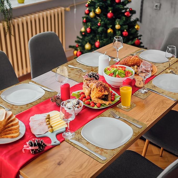 Le courant 16.9in 6PACK Winter Decoration Snowflake Placemats with 6 Coasters, Reversible Faux Leather Easy Clean Waterproof Stain Resistant Place Mats, for Home Party Dining Holiday Table Decor