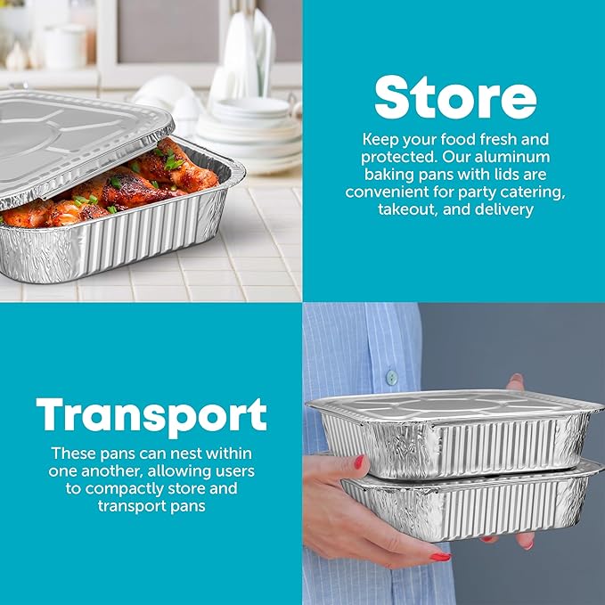 8x8 Disposable Aluminum Pans With Lids - 100 Pack Foil Pans For Cooking, Baking Cakes, Roasting & Homemade Breads - Disposable Food Containers With Foil Lids