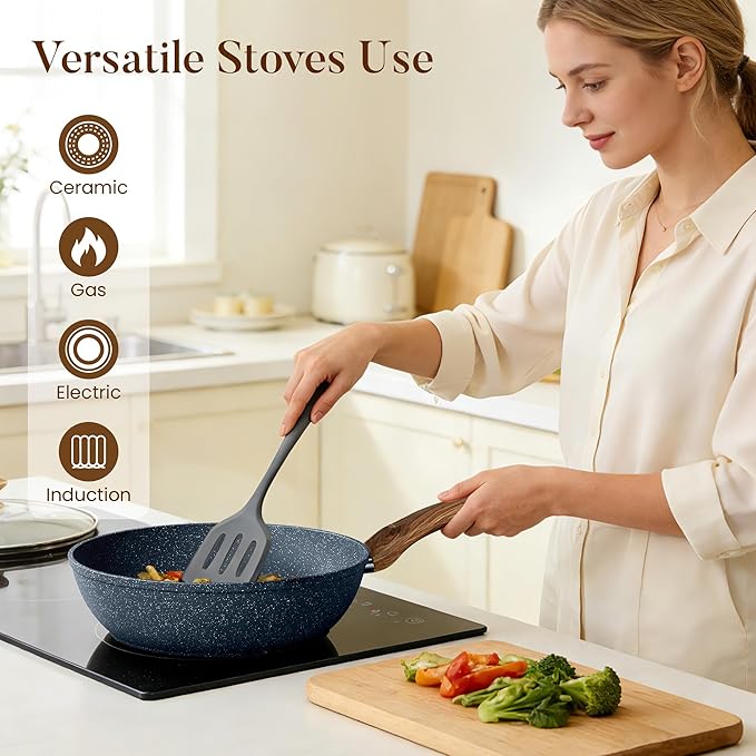 Kitchen Academy Pots and Pans Set Non Stick - 12 Piece Induction Kitchen Cookware Sets, Blue Granite Nonstick Cooking Pans Set