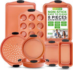 NutriChef 8-Piece Baking Pans Set - Nonstick Bakeware Set w/Silicone Handles, Includes 12 Cup Muffin, Round Cake, Pizza, Loaf & Square Pan, & Cookie Sheet - Dishwasher Safe & Easy Cleanup - Copper