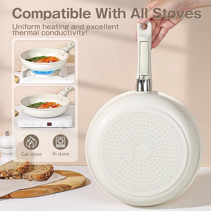 GiPP Ceramic Pots and Pans Set Non Stick, Nonstick Detachable Handle Cookware Sets, Non Toxic Induction Kitchen Pot and Pan with Removable Handle, Healthy RV Cookware, Dishwasher ＆Oven Safe, 7 Piece
