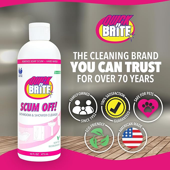 Quick N Brite Scum Off Shower Cleaner - No Scrub, No Harsh Chemical Daily Shower Cleaner, Multi-Surface All-Purpose Cleaner 16 Oz (Packaging May Vary)
