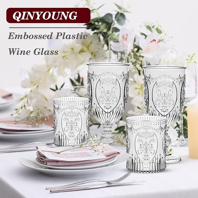 Qinyoung 12 Plastic Vintage Drinking Glasses 8.5oz Stemless Retro Embossed Wine Glasses Shatterproof Reusable Cups for Baby Shower Wedding Reception Grand Event Party (Black)
