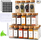DIMBRAH Spice Jars with Label 24Pcs,Seasoning Containers,Glass Spice Jars with Bamboo Lids,Kitchen Essentials,Spices Container Set,Kitchen Set,Seasoning Organizer,Spice Rack Organizer for Cabinet