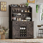 63 Inch Tall Coffee Bar Cabinet with 3-Tier, Kitchen Hutch with 3 Large Drawers, Farmhouse Coffee Bar with 9 Wine Racks & 3 Glass Holders, Wine Storage Cabinet for Living Dining Room, Oak