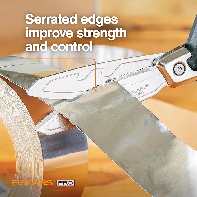 Fiskars Pro PowerArc Shop Shears, Heavy Duty Stainless Steel Scissor, Industrial Grade Tool for Building and Construction, 10 in, Orange/Black