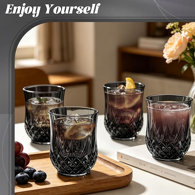 12 Pack Plastic Stemless Wine Glasses,12oz Unbreakable Vintage Elegant Drinking Glass Set,Reusable Fancy Cocktail Cups for Party, Wedding, and Bulk Events (12, 12oz-Black)