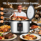 15L Commercial Large Rice Cooker (84 Cup Cooked),6-in-1 Electric Rice Cooker & Food Warmer,Multifunctional Resturant Smart Cooker, 24-Hr Delay Timer, LED Display,Auto Keep Warm,Non-Stick Inner Pot