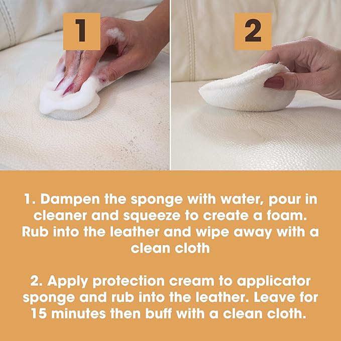 Furniture Clinic Large Leather Care Kit | Leather Cleaner + Conditioning Protection Cream for Furniture | Two 17oz Bottles + 1 Sponge & 1 Cloth | Restore Leather Couches, Car Seats, Jackets, & Boots