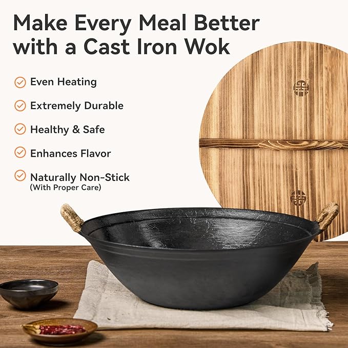 WANGYUANJI 15 Inch Cast Iron Wok with Wooden Lid and Spatula, Large Flat Bottom Double-Handle Chinese Stir Fry Pan, Uncoated for Induction, Gas and Electric Stoves