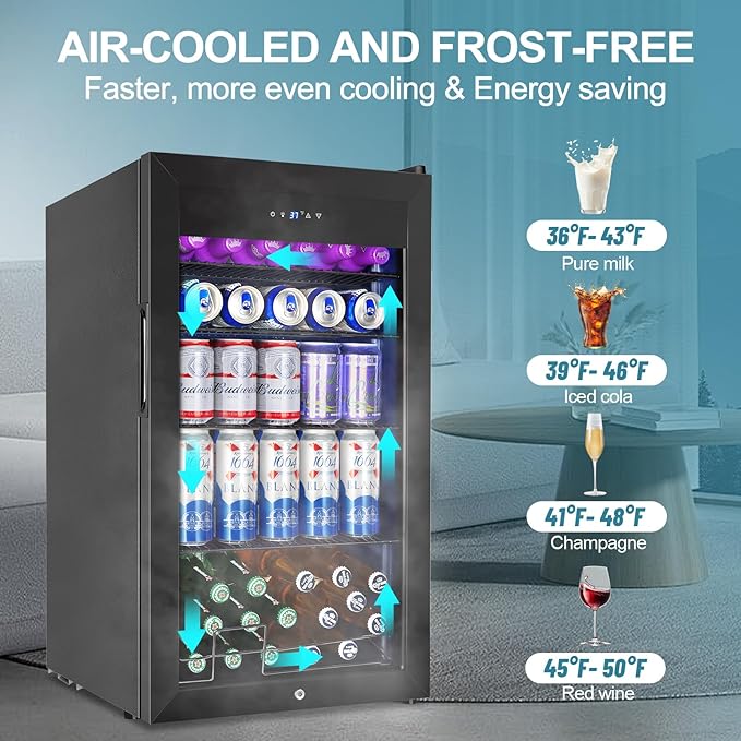 Beverage Refrigerator Cooler, 128 Cans 3.2 Cu.Ft Mini Fridge Glass Door for Drink Beer Soda Wine, Small Fridge with 4 Adjustable Removable Shelves for Kitchen, Bedroom, Office, Bar, Gaming Room, Black