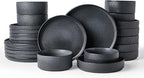 Famiware Star Dinnerware Set with Pasta Bowls, Service for 6 (24 Pieces), Ribbed Stoneware Plates and Double Bowls Sets - Chip & Scratch Resistant, Microwave & Dishwasher Safe, Matte Dark Charcoal
