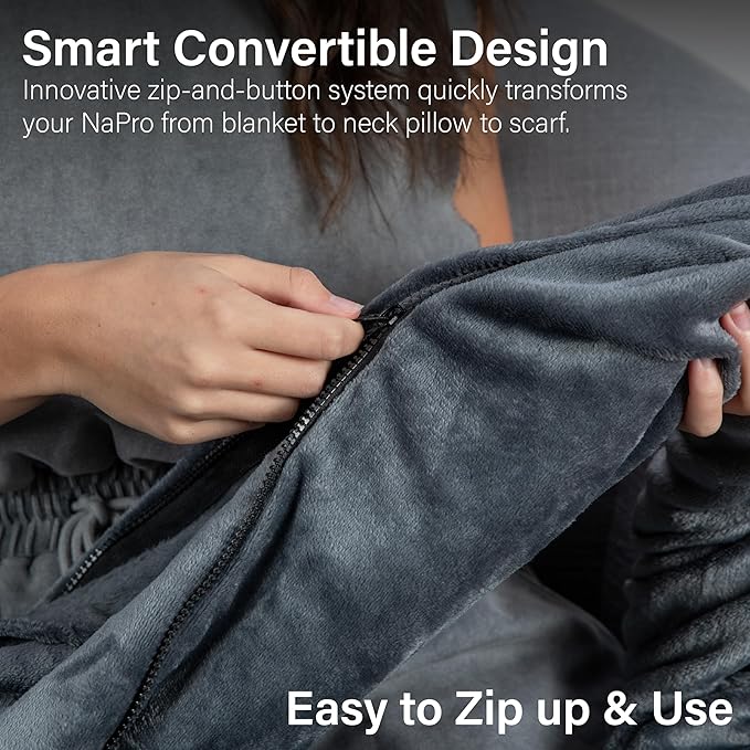 NAPRO 3‑in‑1 Travel Blanket Pillow Scarf – Convertible 50×80″ Blanket, 12×16″ Pillow, 80″ Infinity Neck Pillow – Lightweight, Plush – Gray