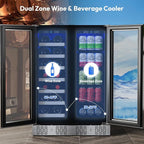 Empava Wine and Beverage Refrigerator, 24 inch Dual Zone Wine and Beverage Cooler 78 Cans and 20 Bottles Capacity, Built-in or Freestanding Wine Fridge with Glass Doors and LED Light