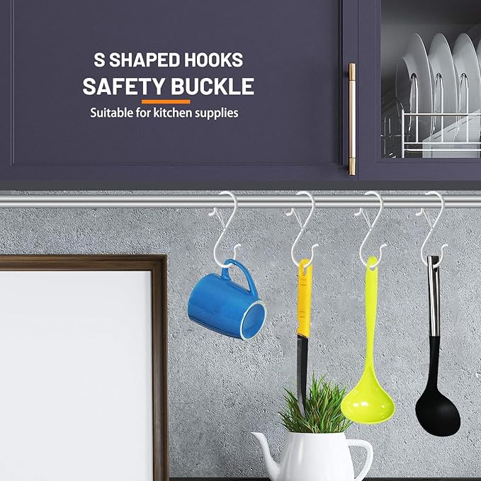 24 PCS S Hooks for Hanging with Safety Buckle, 3.5 inch Heavy Duty Metal S Shaped Hooks Stainless Steel for Hanging Kitchen Utensil, Cups, Pots, Plants, Bags, Hats (White)