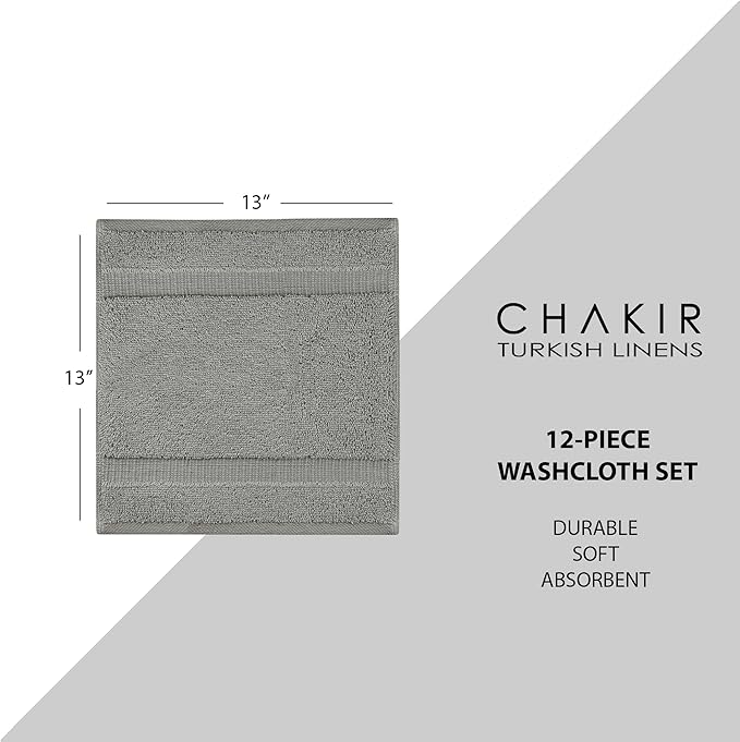 Chakir Turkish Linens | Hotel & Spa Quality 100% Cotton Premium Turkish Towels | Soft & Absorbent (12-Piece Washcloths, Gray)