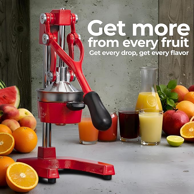 Zulay Kitchen Cast Iron Juicer - Easy-to-Clean Heavy-Duty Manual Juicer, Professional Citrus Juicer - Stainless Steel Lemon Squeezer - Manual Citrus Press & Orange Squeezer - Orange Juicer (Red)
