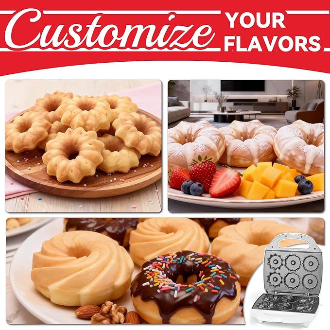 SugarWhisk Mini Donut Maker Machine, Electric Mini Bundt Cake Pan, Bake 6 Bundt Doughnuts with 3 Shapes, Excellent for Breakfast, Snacks, Desserts & More