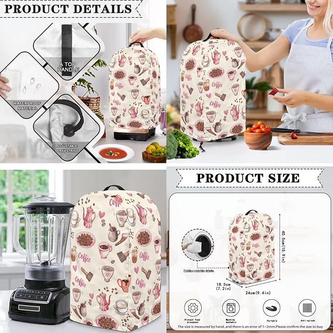Pink Coffee Theme Kitchen Appliance Covers Set Toaster Cover 4 Slice Food Processor Hood Crock Pot Dust Cover with Side Pockets Machine Washable 3PCS