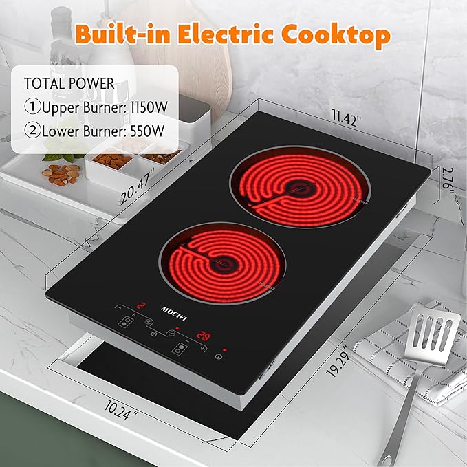 12" Ceramic Cooktop with 120V Plug, Electric Cooktop 1700W 2-Burner, Touch Control with Timer & Child Lock, Built-in or Countertop
