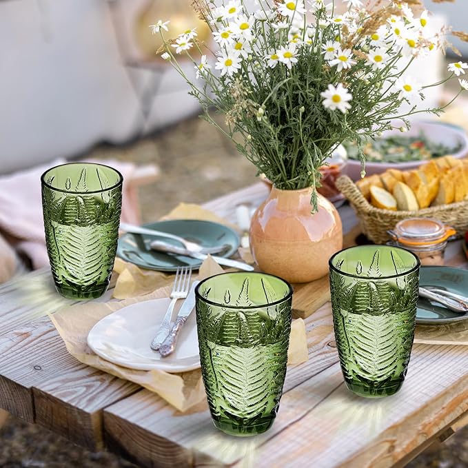 Reallnaive Green Drinking Glasses Set of 8, Boho Aesthetic Vintage Glassware Fern Carving Textured Tumbler Water Cups Embossed Pattern Drinkware Cocktail Glasses Set for Xmas Gifts(12 oz,Highball)