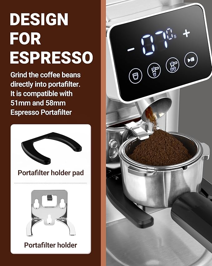 AMZCHEF Coffee Grinder, Coffee Bean Grinder for Home Use with Precise Grinding, LED Control Panel, Detachable Funnel Stand, Anti-static Design, 48 Grind Settings, Silver