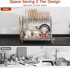 2 Tier Dish Drainer Drying Rack for Kitchen Counter Large Stainless Steel Dishes Drain with Drainboard Set, Space Saving, Big Modern Black Countertop Metal Plate Dryer Strainer Holder and Extra Tray