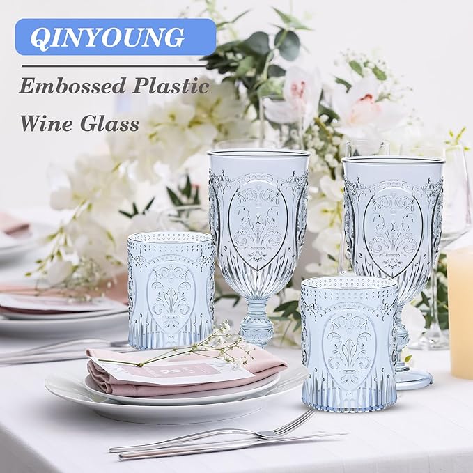 Qinyoung 12 Plastic Vintage Drinking Glasses 8.5oz Stemless Retro Embossed Wine Glasses Shatterproof Reusable Cups for Baby Shower Wedding Reception Grand Event Party (Blue)