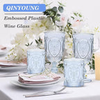 Qinyoung 6 Plastic Vintage Drinking Glasses 8.5oz Stemless Retro Embossed Wine Glasses Shatterproof Reusable Cups for Baby Shower Wedding Reception Grand Event Party (Blue)